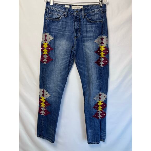 Vintage Miss Me Women 28 Blue Boyfriend Embroidered Button Fly Hippie Boho Jeans - Picture 1 of 12